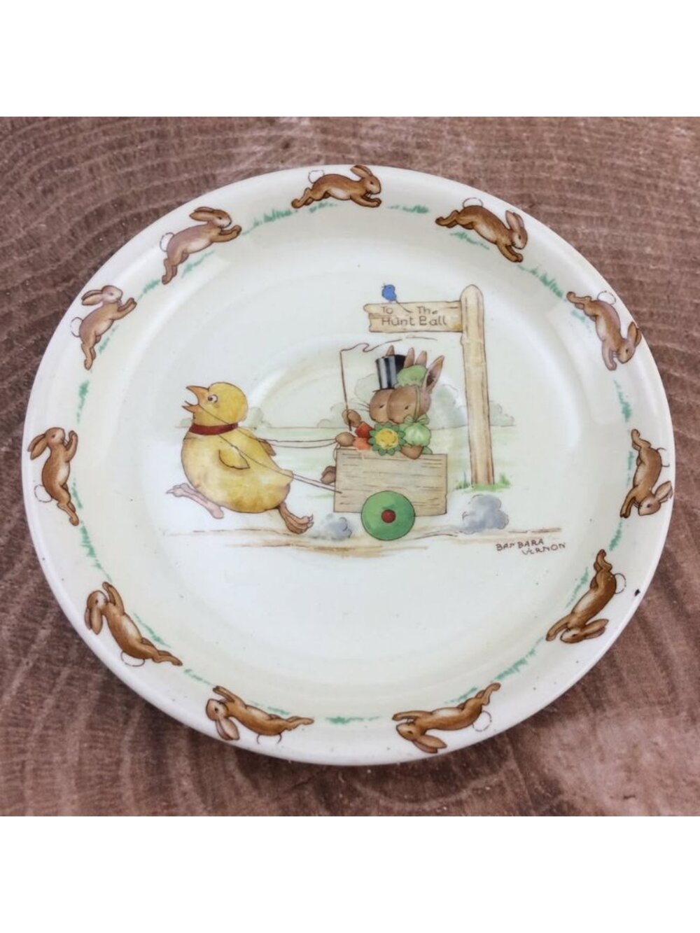 Vintage Small Bunnykins Saucer Plate Bunnies Baby Chick To the Hunt Ball
